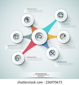 3d modern infographic options template with white circle shapes for 7 options. Vector. Can be used for web design and  workflow layout