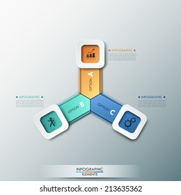 3d Modern infographics options banner with 3 colorful paper ribbons. Vector. Can be used for web design and  workflow layout