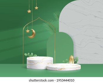 3d modern Islam podium in green background for product display with lantern, crescent moon, dates leaf, stars. White Marble podium with gold crack, texture wall. stage, pedestal, presentation, display