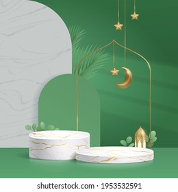 3d modern Islam podium in green background for product display with lantern, crescent moon, dates leaf, stars. White Marble podium with gold crack, texture wall. stage, pedestal, presentation vector