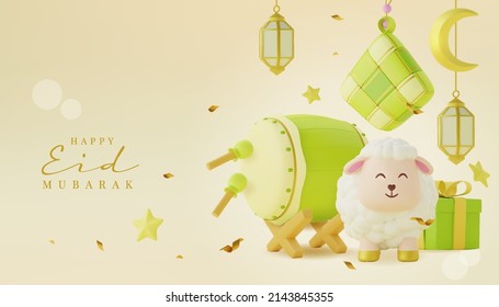 3d modern Islamic banner, suitable for Ramadan, Eid al fitr, and Eid al Adha with lanterns, moon, gift, ketupat, bedug, and cute sheep