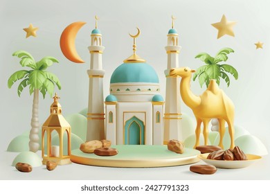 Banner islámico moderno en 3d, adecuado para Ramadán, Eid al Fitr y Eid al Adha con mezquita, linterna, luna creciente, camello y frutas dátiles