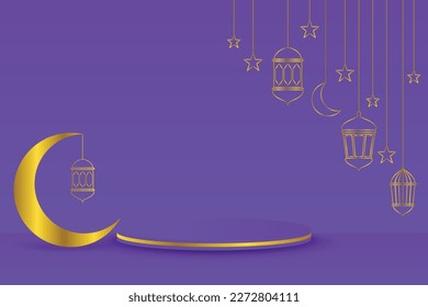 3d modern Islamic holiday banner in purple monotone design. Podium with Ramadan lantern and metal moon. Vector illustration