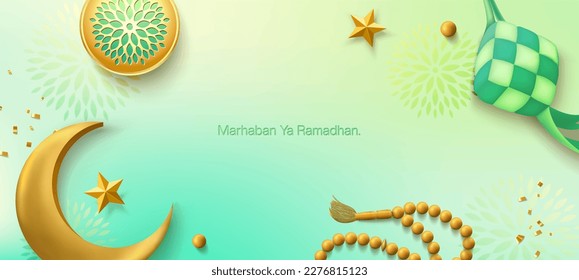 3d modern Islamic holiday banner, suitable for Ramadan, Eid Fitri, Eid Adha and Maulid. Moon and ketupat with islamic decor on soft green background.