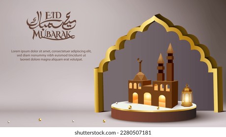 3d modern Islamic holiday banner template with cardboard mosque concept