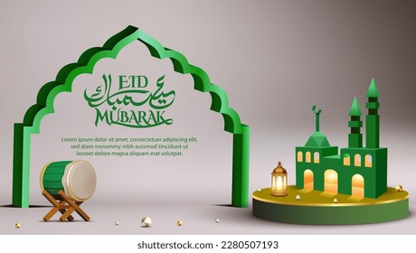 3d modern Islamic holiday banner template with cardboard mosque concept