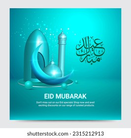 3d modern Islamic holiday banner, suitable for Ramadan, Raya Hari, Eid al Adha and Mawlid. A lit up lantern and crescent moon decor on serene evening blue background.
