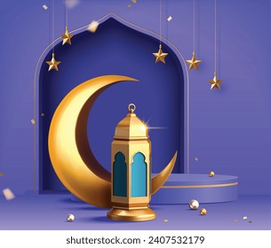 3D modernes islamisches Urlaubsbanner im lila Monotondesign. Display-Podium mit Ramadan-Laterne, Metallmond und Moschee-Portal. Kalligrafie: Eid Mubarak