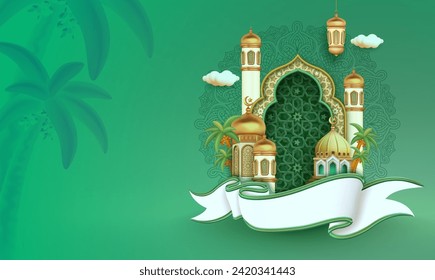 3d modern Islamic holiday banner in abstract green design. islamic greetings ramadan and Eid al Fitr card design template background with beautiful concept of arabesque ornament. svg