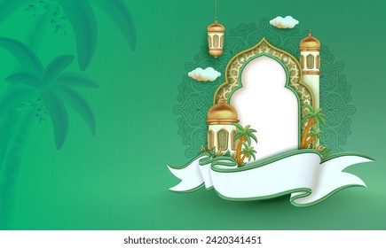 3d modern Islamic holiday banner in abstract green design. islamic greetings ramadan and Eid al Fitr card design template background with beautiful concept of arabesque ornament.