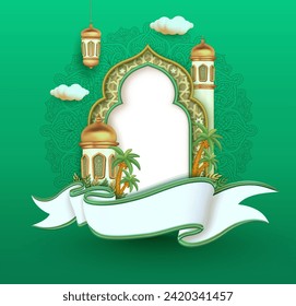 3d modern Islamic holiday banner in abstract green design. islamic greetings ramadan and Eid al Fitr card design template background with beautiful concept of arabesque ornament.