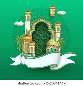 3d modern Islamic holiday banner in abstract green design. islamic greetings ramadan and Eid al Fitr card design template background with beautiful concept of arabesque ornament.