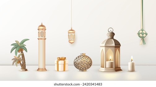 3d modern Islamic holiday banner abstract design. islamic greetings ramadan and Eid Mubarak card design template background with beautiful concept of arabesque ornament.