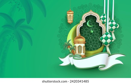 3d pancarta de festividad islámica moderna en diseño verde abstracto. fondo de plantilla de diseño de tarjetas Eid al Fitr y saludos islámicos de ramadan con un hermoso concepto de adorno arabesco.