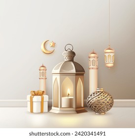 3D modernes islamisches Urlaubsbanner abstraktes Design. Islamische Grüße ramadan und Eid Mubarak Karte Design-Hintergrund mit schönem Konzept der arabesque Ornament.