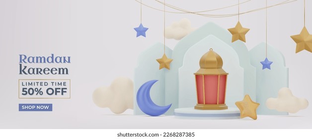 3d modern Islamic holiday sale banner in pastel color monotone design. Display podium with golden lantern, star, and moon 