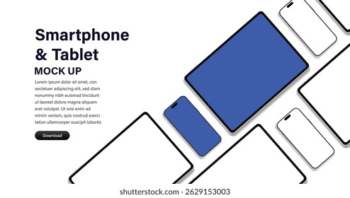 3d modern laptop mockup front view and high quality smartphone and tablet mockup isolated on white background for ui ux app and website presentation banner template