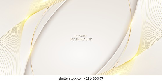 3D Modern Luxury Banner Template Design White Curved Shape With Golden Curve Lines Light Sparking On Clean Background. Vector Graphic Illustration