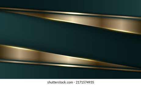 3D modern luxury banner template design green stripes and golden glitter gold line light sparking on dark green background. Vector graphic illustration