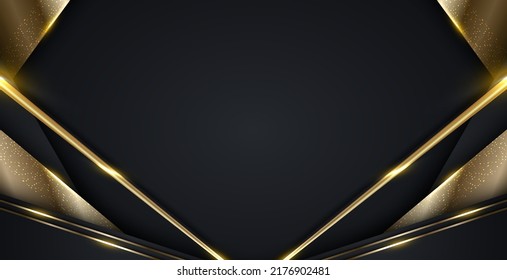 Diseño de plantillas web de banner de lujo 3D moderno diseño de rayas negras y doradas con luz de línea de brillo dorado que desencadena en el fondo oscuro. Ilustración gráfica del vector