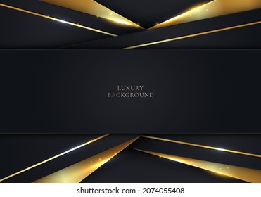 Diseño de plantillas de lujo 3D moderno diseño rayas negras y luz de líneas de brillo dorado que desatan el fondo oscuro. Ilustración gráfica del vector