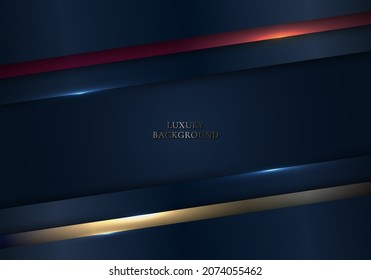 3D Modern Luxury Template Design With Shiny Blue, Red Diagonal Stripes And Golden Line Light Sparking On Dark Blue Background. Luxury Premium Style. Vector Graphic Illustration