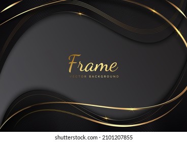 3D modern luxury template design black and grey curved shape and golden curved line background. Vector illustration