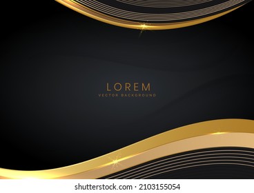 3D modern luxury template design black and grey curved shape and golden curved line background. Vector illustration