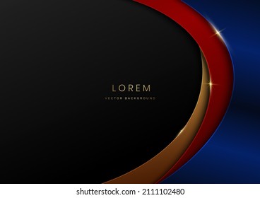 3D modern luxury template design gold, red and blue curved shape and golden curved line background. Vector illustration