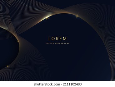 3D modern luxury template design golden wave stripes line with light glow effect on dark blue background. Vector illustration