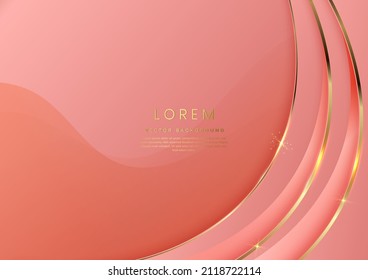 3D modern luxury template design pink curved shape and golden curved line background. Vector illustration