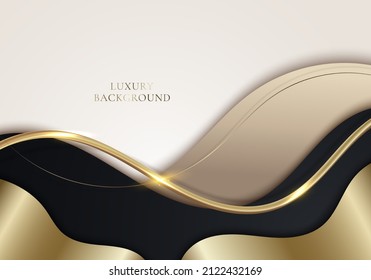 Diseño moderno de plantillas de lujo 3D de formas curvadas en blanco, negro, marrón claro y luz de líneas de brillo dorado que desatan el fondo blanco. Ilustración gráfica del vector