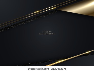 Diseño de plantillas de lujo 3D moderno de rayas negras y doradas con luz de líneas de brillo dorado que desatan el fondo oscuro. Ilustración gráfica del vector