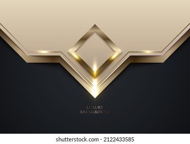 Diseño de plantillas de lujo 3D moderno y brillante geométrico dorado con marco cuadrado y luz de línea encendiendo el fondo negro. Ilustración gráfica del vector