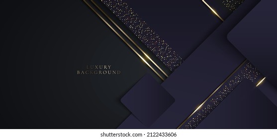 3D modern luxury template design purple triangles and golden glitter stripes line light sparking on black background. Vector graphic illustration