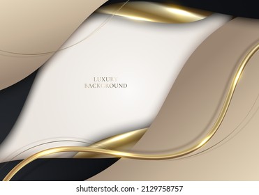 Diseño moderno de plantillas de lujo 3D de formas curvadas en blanco, negro, marrón claro y luz de líneas de brillo dorado que desatan el fondo blanco. Ilustración gráfica del vector