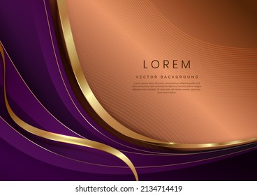 3D modern luxury template design violet and gold curved shape and golden curved line on brown background. Vector illustration