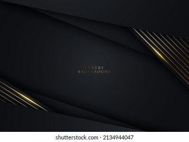 Diseño de plantillas de lujo 3D moderno de rayas negras y doradas con luz de líneas de brillo dorado que desatan el fondo oscuro. Ilustración gráfica del vector