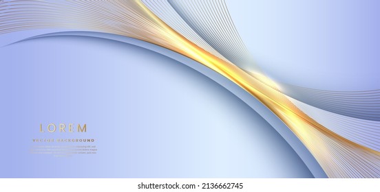 3D modern luxury template design golden wave stripes line with light glow effect on soft blue background. Vector illustration