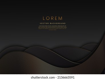 3D modern luxury template design black and grey curved shape and golden curved line background. Vector illustration