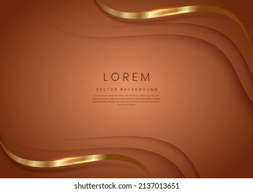 3D modern luxury template design gold curved shape and golden curved line on brown background. Vector illustration