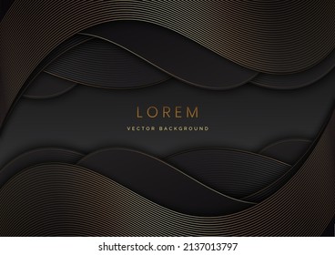 3D modern luxury template design black and grey curved shape and golden curved line background. Vector illustration