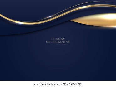 3D modern luxury template design blue and gold wave stripes with golden glitter line light sparking on blue background. Vector graphic illustration