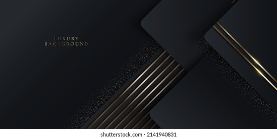 3D modern luxury template design black geometric and golden glitter stripes line light sparking on black background. Vector graphic illustration