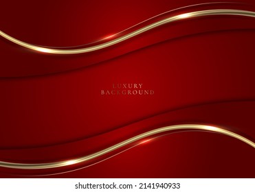 3D modern luxury template design red and gold wave stripes with golden glitter line light sparking on red background. Vector graphic illustration