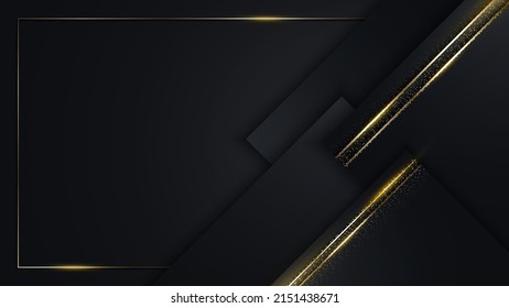 Diseño de plantillas de lujo 3D moderno de rayas cuadradas negras y doradas con luz de línea de brillo dorado que desata el fondo oscuro. Ilustración gráfica del vector