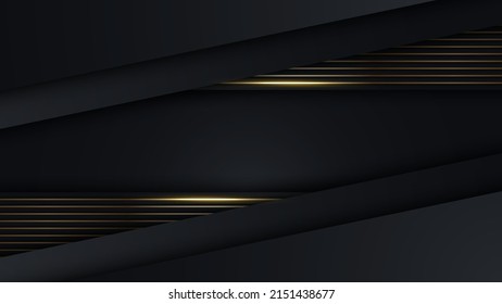 Diseño de plantillas de lujo 3D moderno de rayas negras y doradas con luz de líneas de brillo dorado que desatan el fondo oscuro. Ilustración gráfica del vector