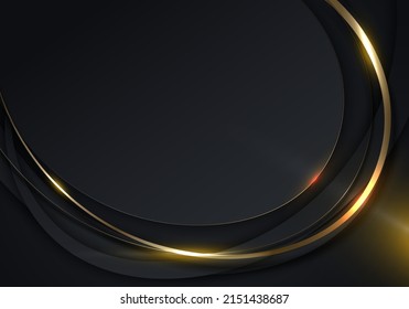 3D modern luxury template design black curved shapes with golden curve lines and lighting sparking on dark background. Vector graphic illustration