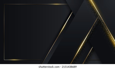 3D modern luxury template design black and golden triangles stripes with gold glitter line light sparking on dark background. Vector graphic illustration