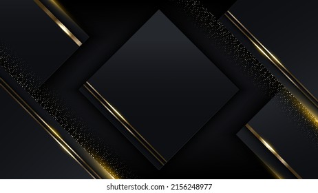 3D modern luxury template design black and golden squares stripes with gold glitter line light sparking on dark background. Vector graphic illustration